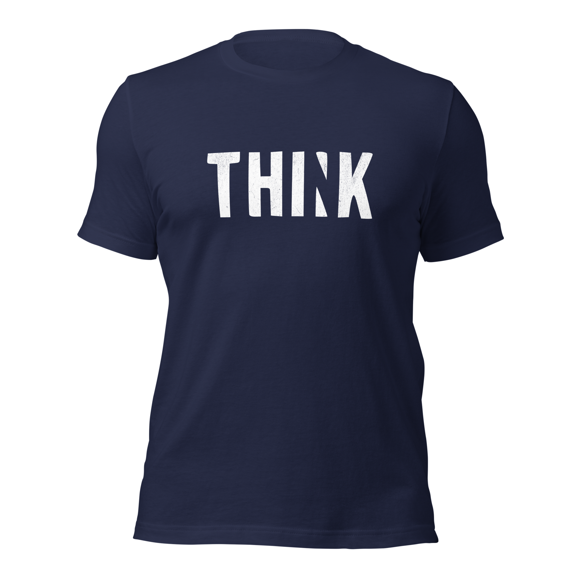 Navy Unisex T-Shirt mit THINK  Print bei dem das N ausgeschnitten ist