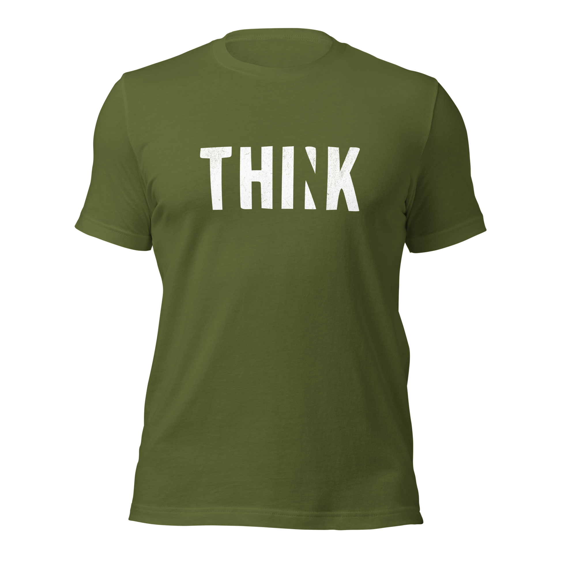 Olivegrünes Unisex T-Shirt mit THINK  Print bei dem das N ausgeschnitten ist