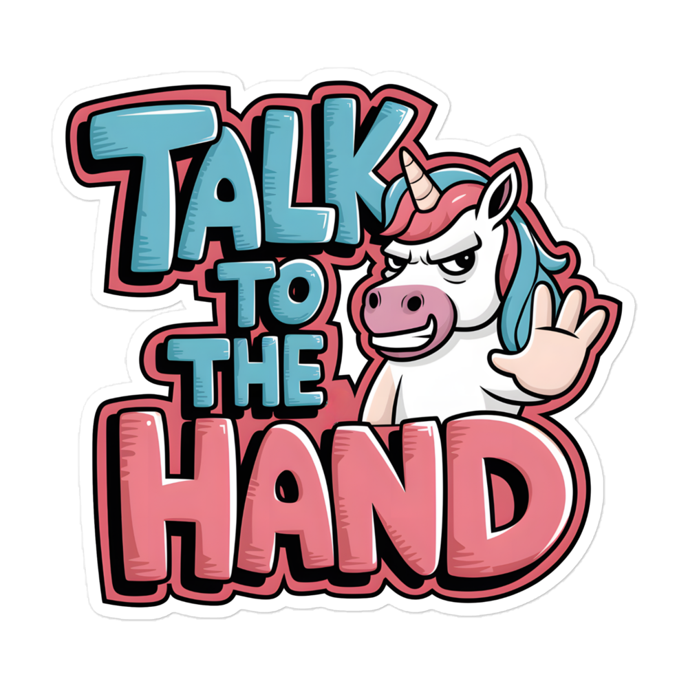 Aufkleber mit Talk to the Hand Schriftzug und Einhorn, das die Hand zeigt 5.5x5.5