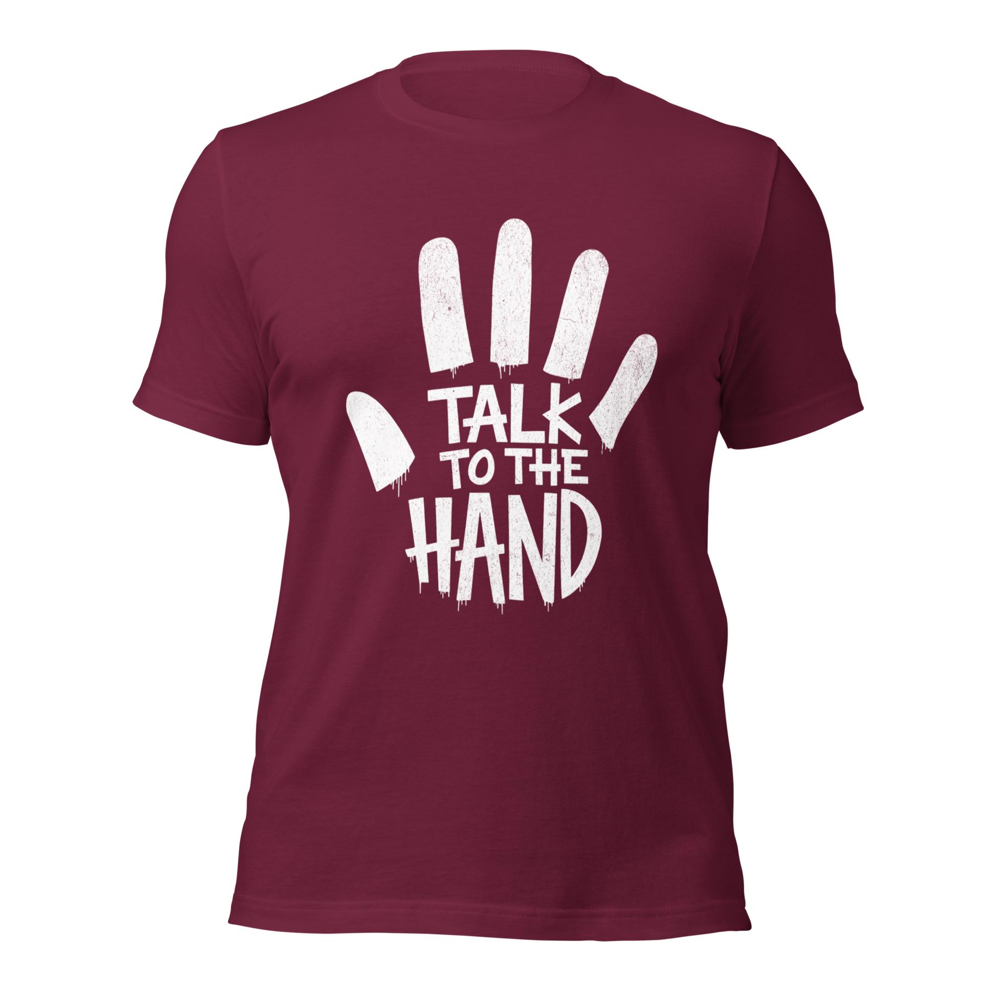 Kastanienrotes Unisex T-Shirt mit Talk to the Hand Print, mit Hand drumherum