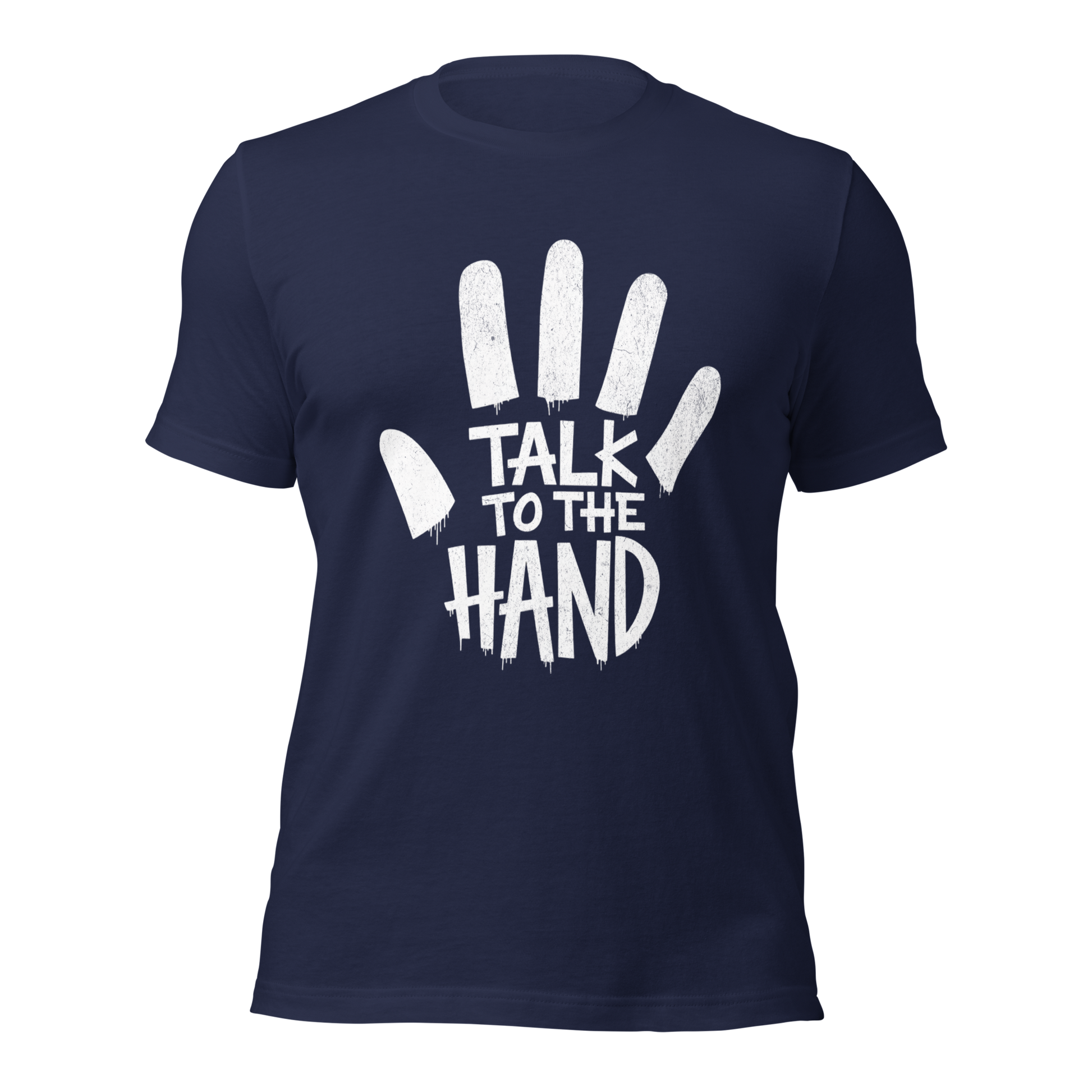 Navy Unisex T-Shirt mit Talk to the Hand Print, mit Hand drumherum