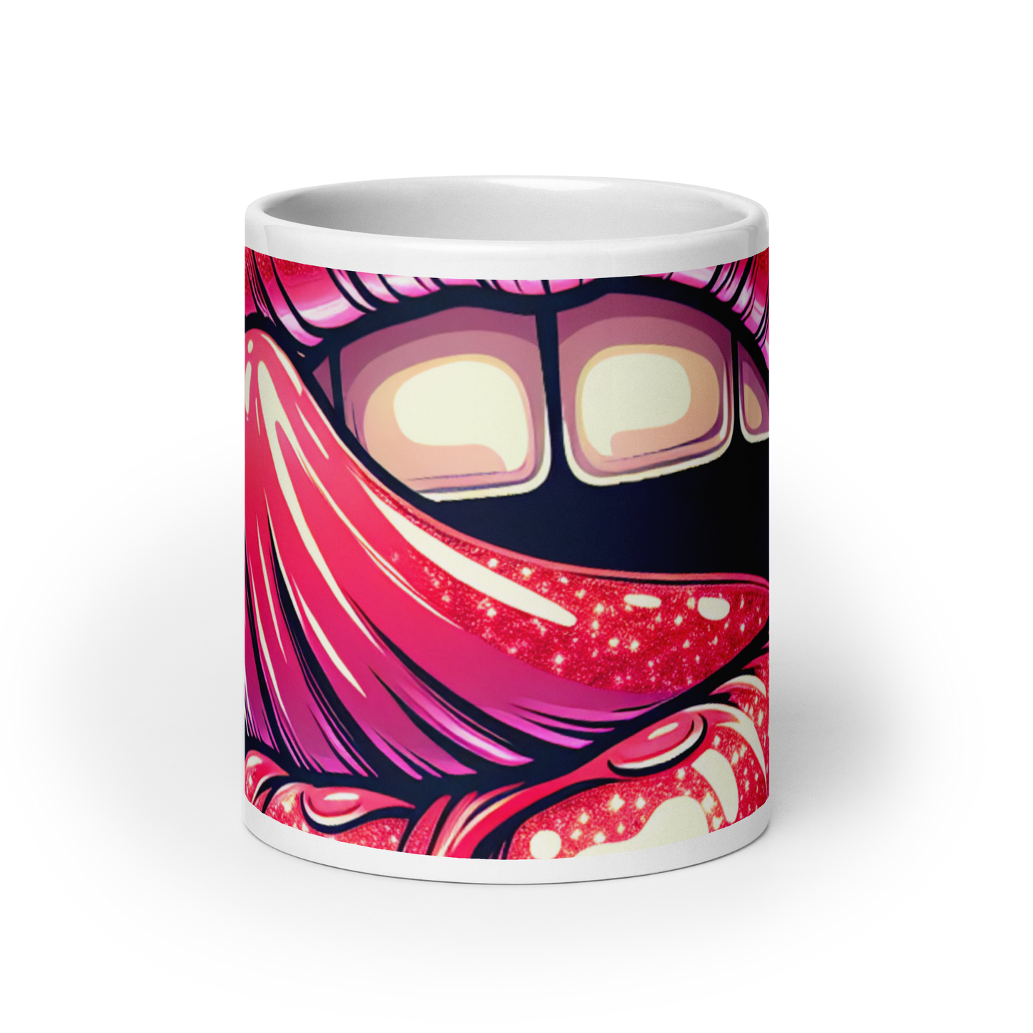 Weiße Tasse mit großem Mund und genießender Zunge Print