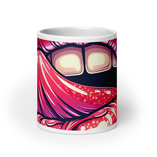 Weiße Tasse mit großem Mund und genießender Zunge Print