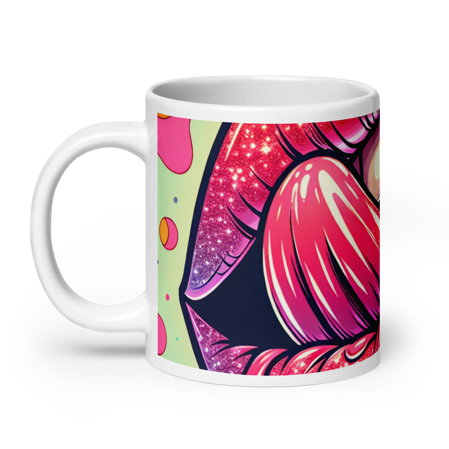 Weiße Tasse mit großem Mund und genießender Zunge Print Ansicht links