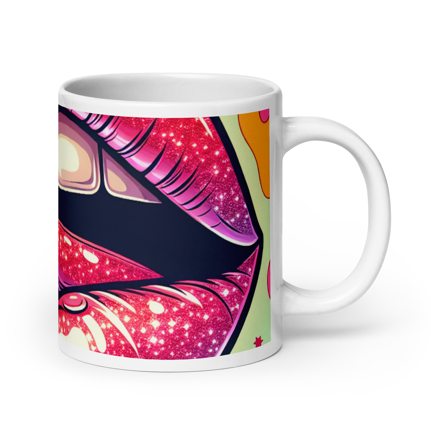 Weiße Tasse mit großem Mund und genießender Zunge Print Ansicht rechts