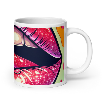 Weiße Tasse mit großem Mund und genießender Zunge Print Ansicht rechts