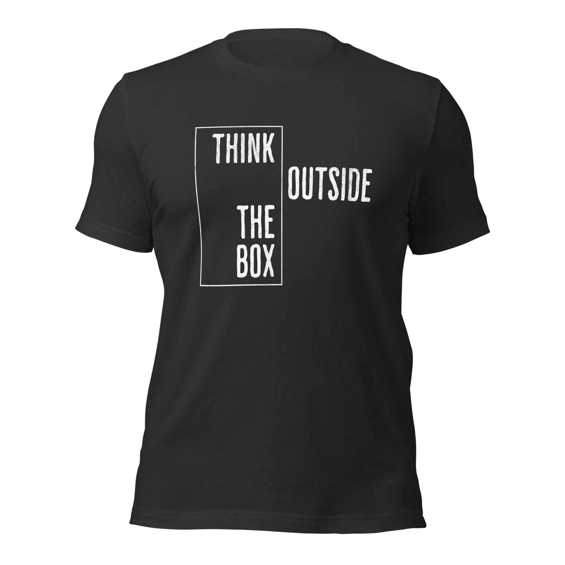 Dunkelgraues Unisex T-Shirt mit Think outside the Box Print