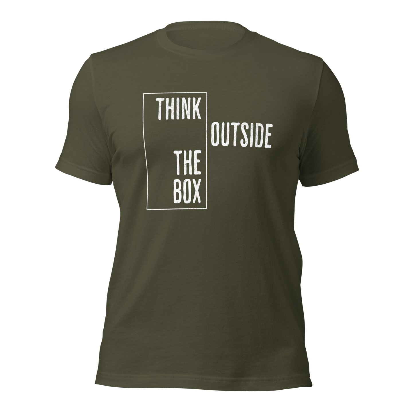 Militärgrünes Unisex T-Shirt mit Think outside the Box Print