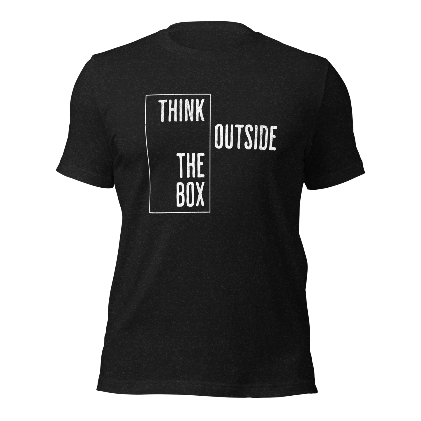 Heather schwarzes Unisex T-Shirt mit Think outside the Box Print