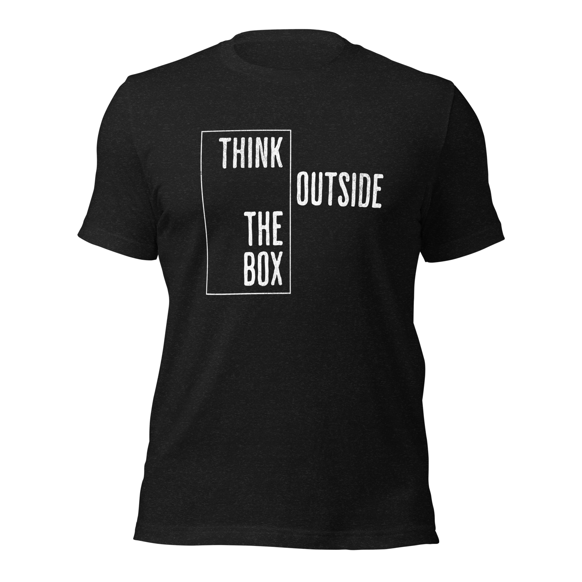 Heather schwarzes Unisex T-Shirt mit Think outside the Box Print