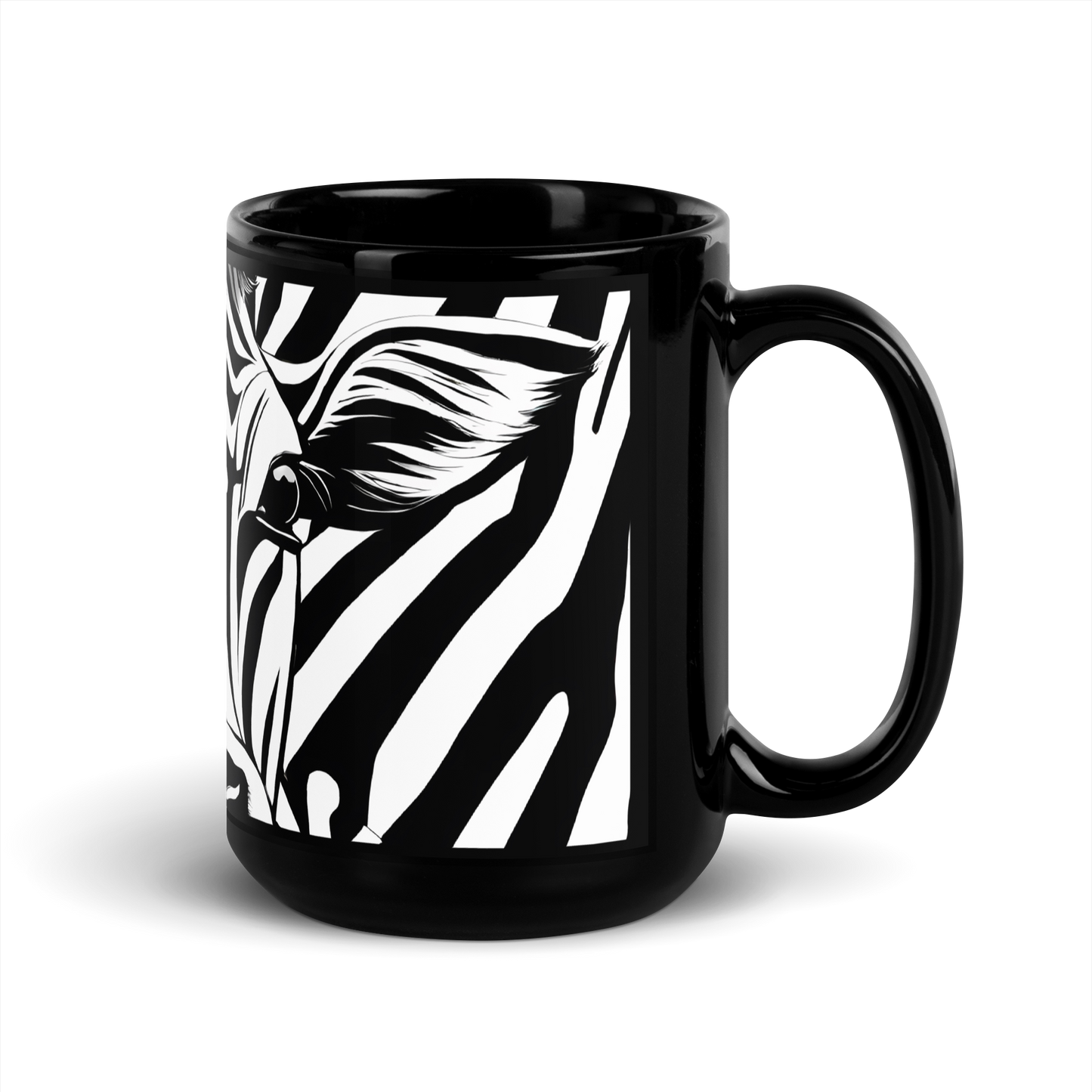 Schwarze glänzende Tasse mit schwarz weiß gestreiften Kuhgesicht rechte Ansicht