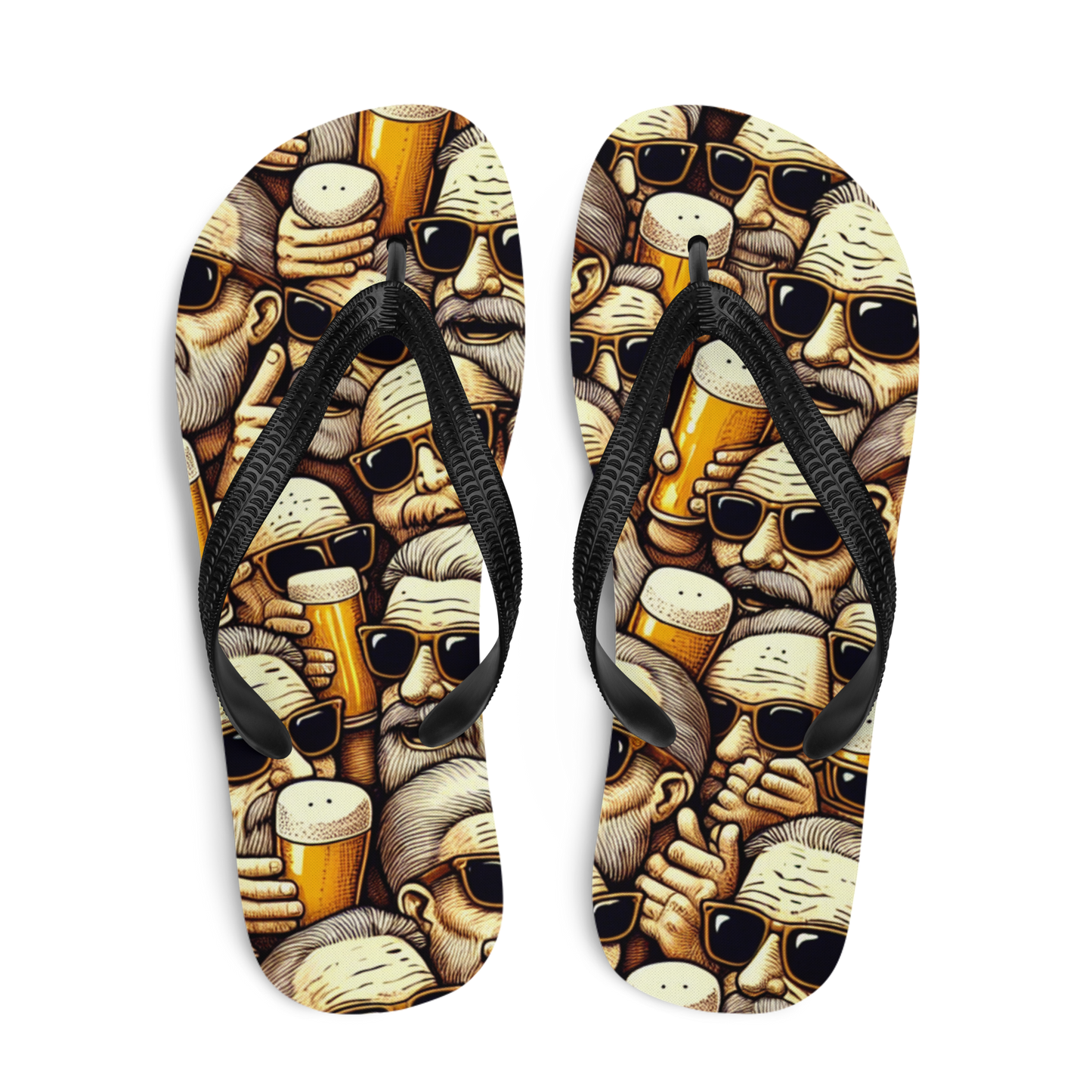 Obenansicht von zwei Flip-Flops mit feiernden Männern und Biergläsern