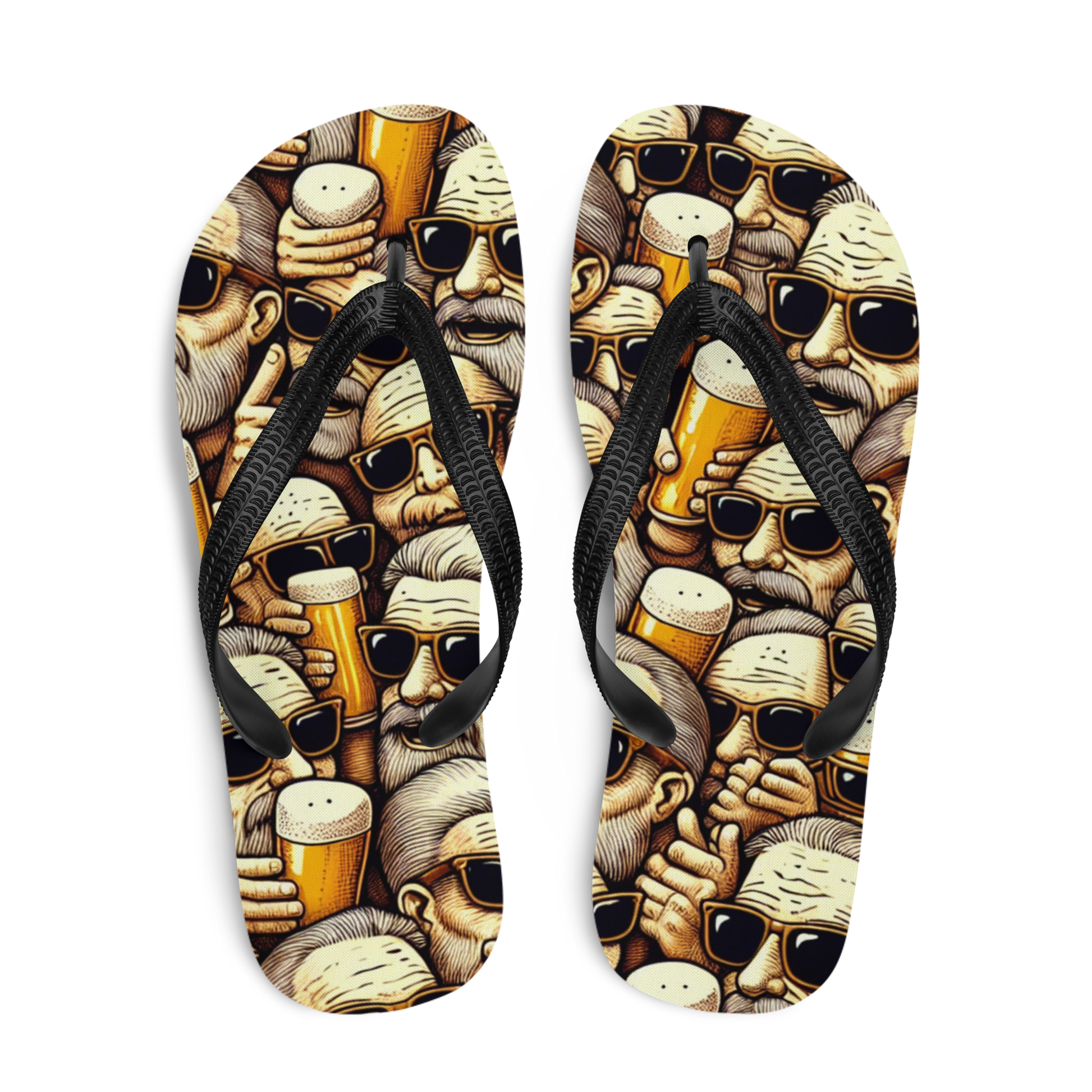 Obenansicht von zwei Flip-Flops mit feiernden Männern und Biergläsern