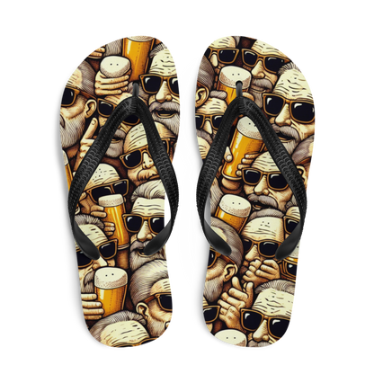 Obenansicht von zwei Flip-Flops mit feiernden Männern und Biergläsern