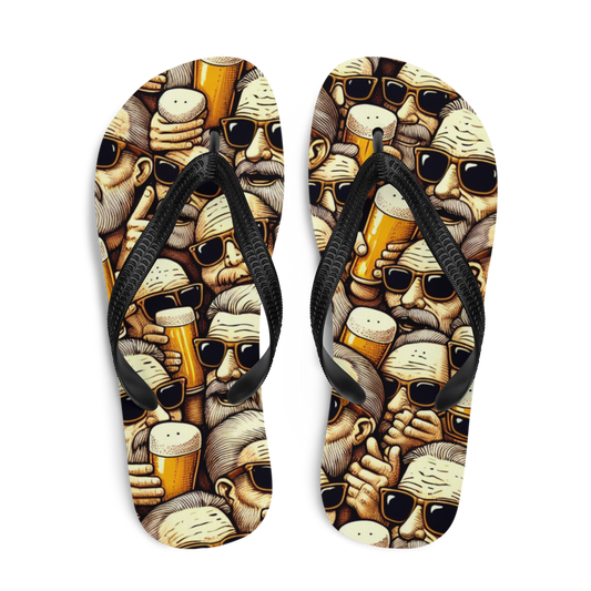 Obenansicht von zwei Flip-Flops mit feiernden Männern und Biergläsern