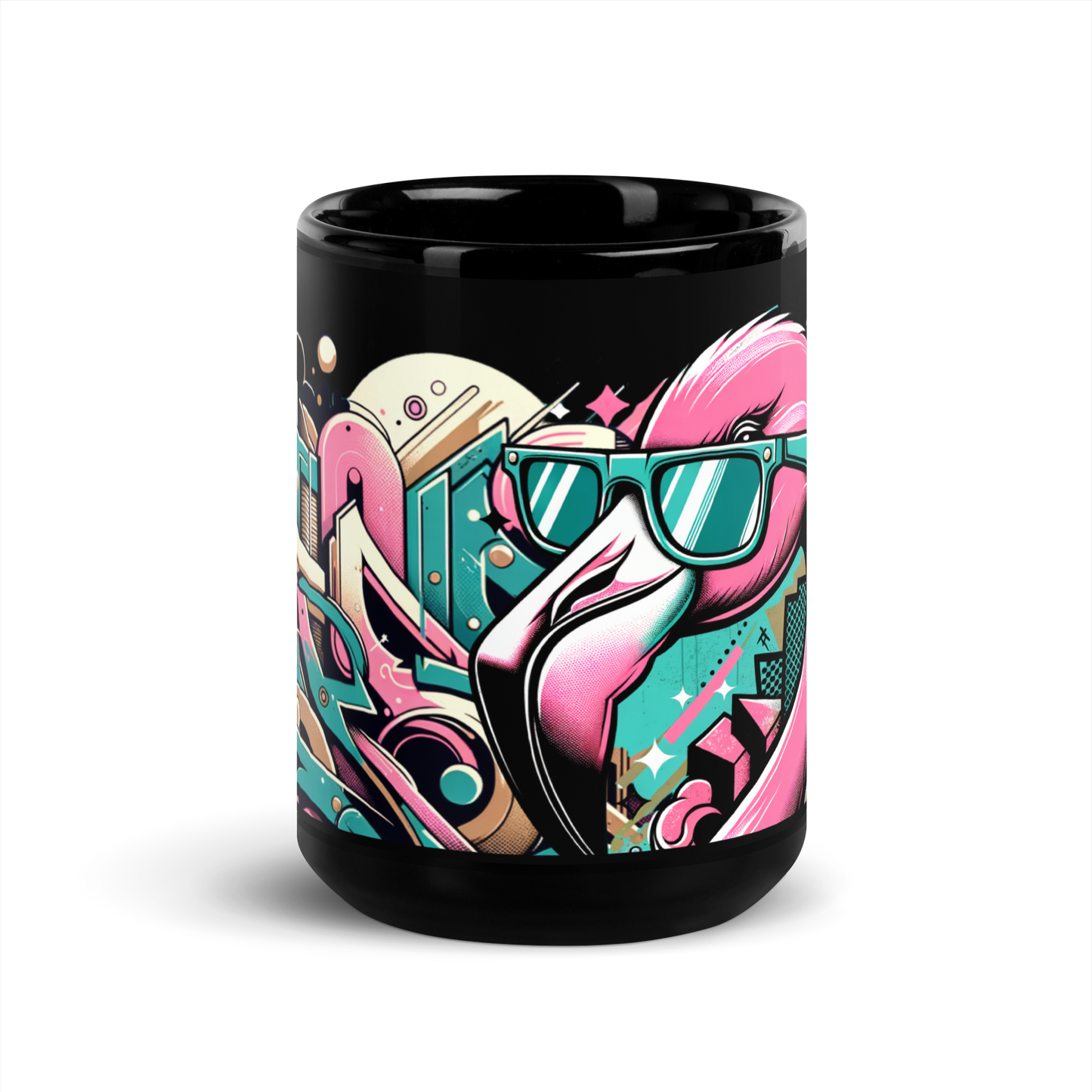 Schwarze glänzende Tasse mit buntem Graffiti und Flamingo mit Sonnenbrille Print