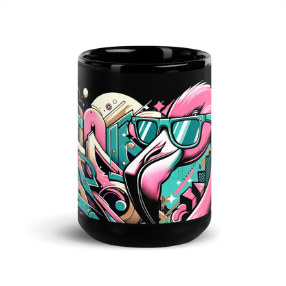 Schwarze glänzende Tasse mit buntem Graffiti und Flamingo mit Sonnenbrille Print