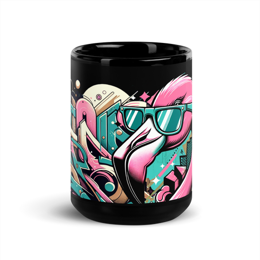 Schwarze glänzende Tasse mit buntem Graffiti und Flamingo mit Sonnenbrille Print
