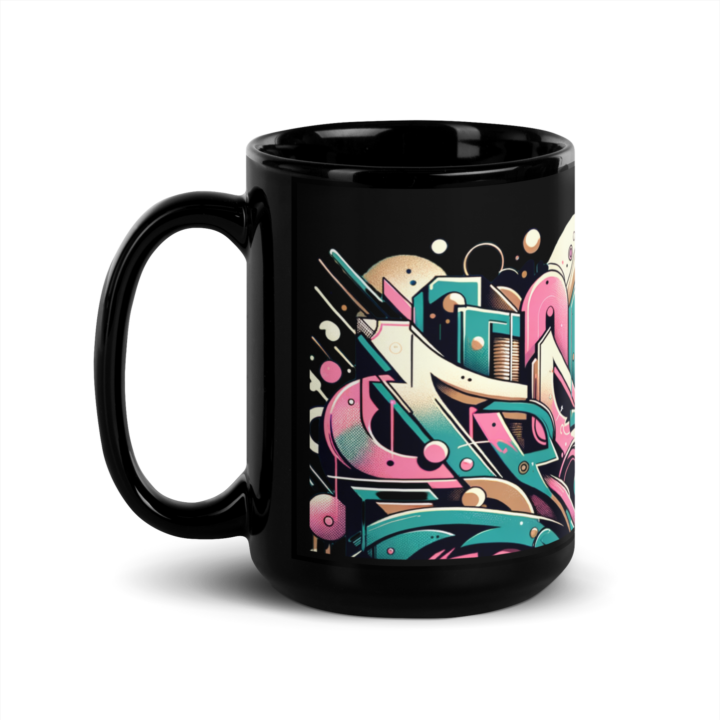 Schwarze glänzende Tasse mit buntem Graffiti und Flamingo mit Sonnenbrille Print Seitenansicht links