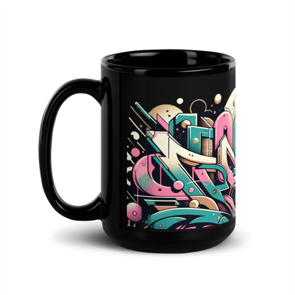 Schwarze glänzende Tasse mit buntem Graffiti und Flamingo mit Sonnenbrille Print Seitenansicht links