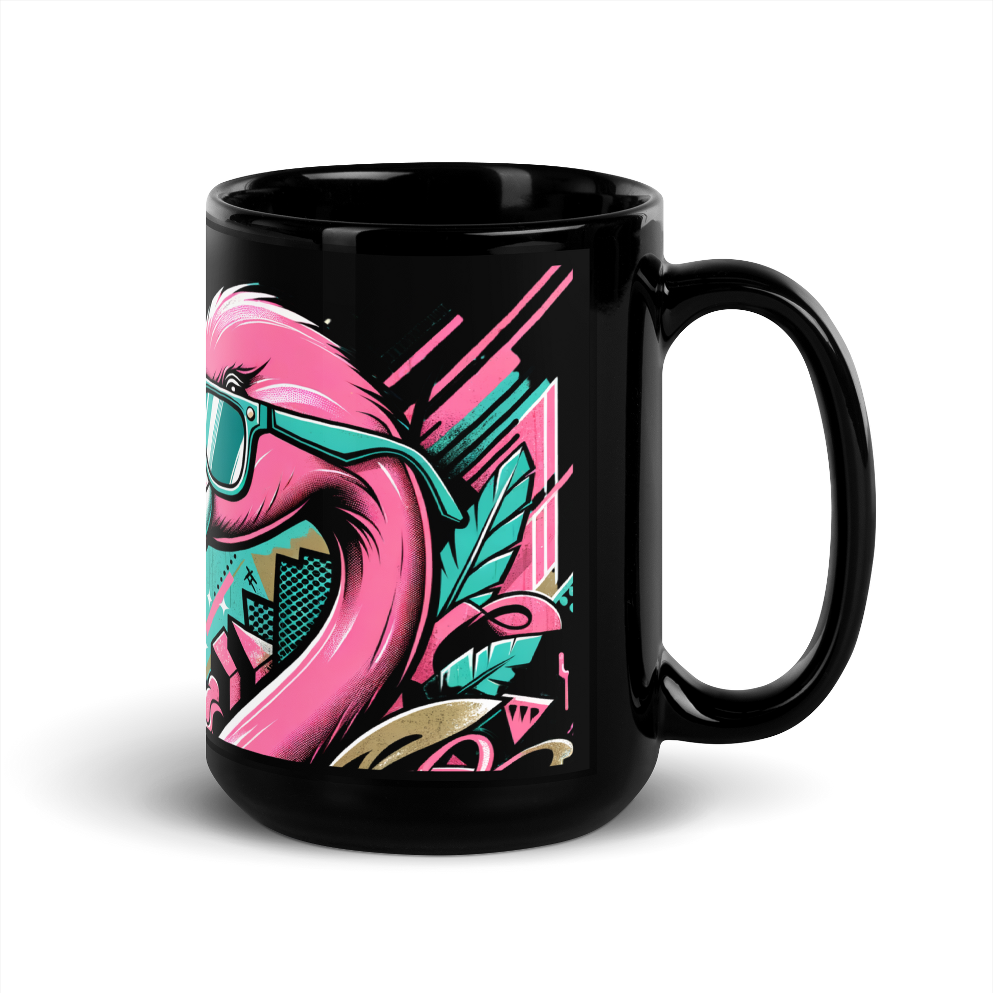 Schwarze glänzende Tasse mit buntem Graffiti und Flamingo mit Sonnenbrille Print Seitenansicht rechts