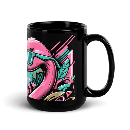 Schwarze glänzende Tasse mit buntem Graffiti und Flamingo mit Sonnenbrille Print Seitenansicht rechts