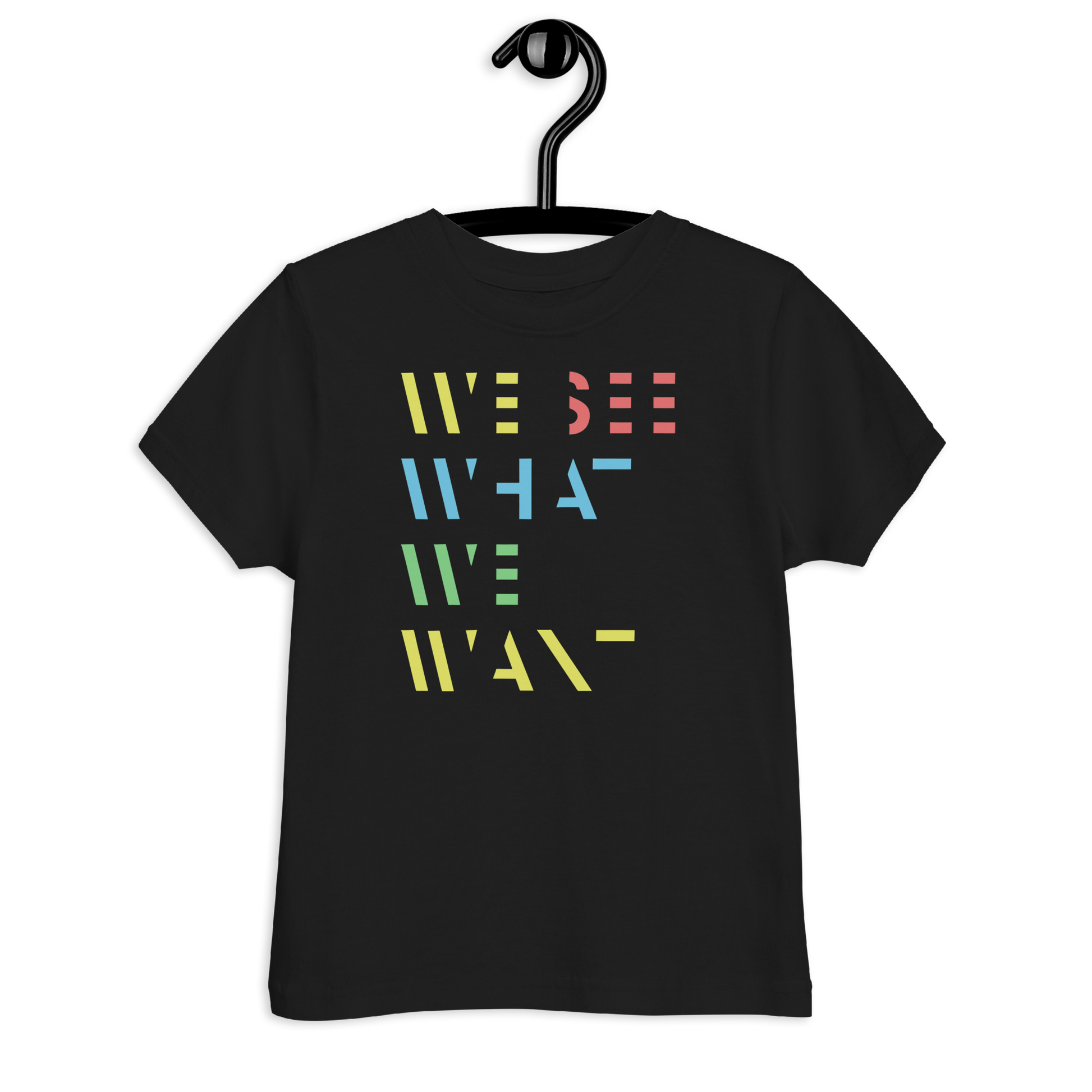 Schwarzes Kinder T-Shirt mit buntem We See What We Want Schriftzug