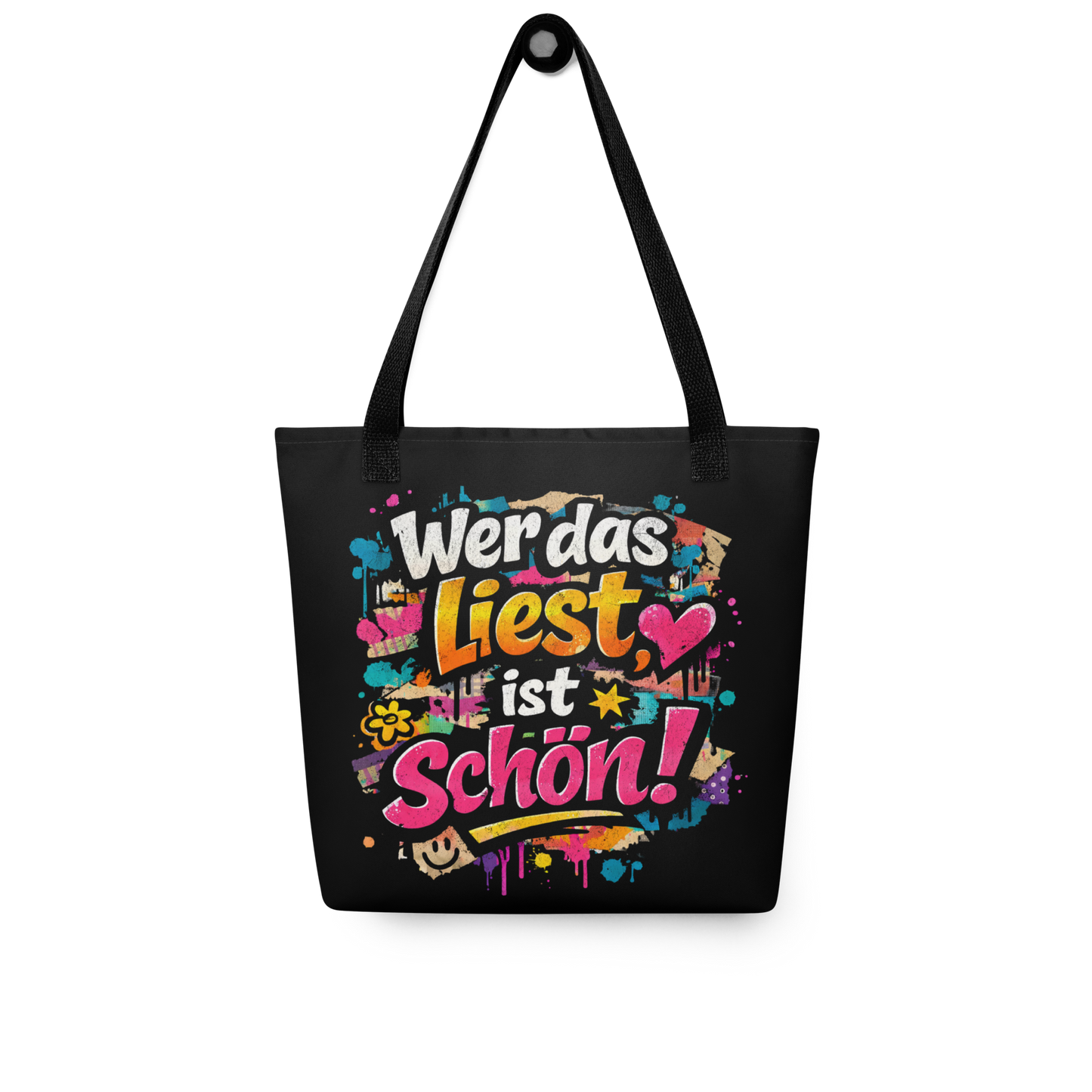 Schwarzer All Over Stoffbeutel mit buntem Wer das liest ist schön Print im Streetart Style und schwarzem Henkel