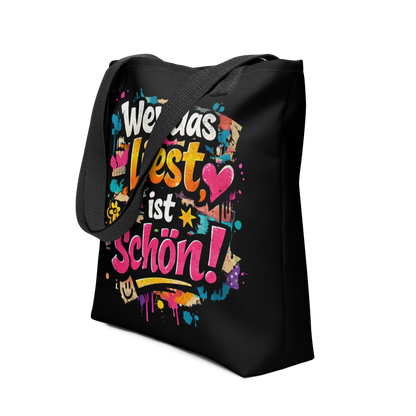 Schwarzer All Over Stoffbeutel mit buntem Wer das liest ist schön Print im Streetart Style und schwarzem Henkel, Seitenansicht