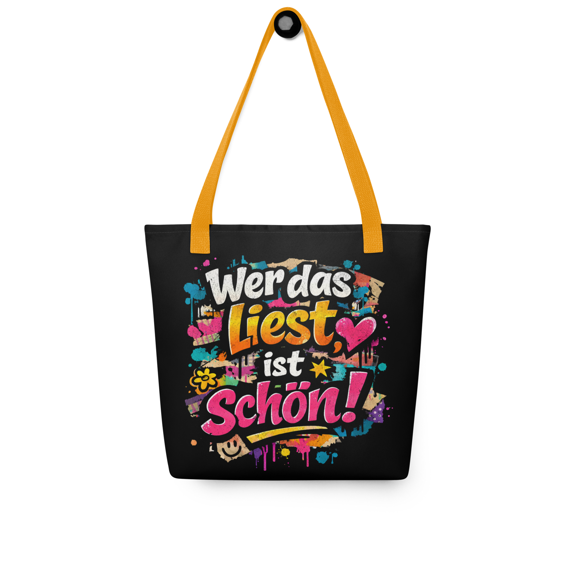 Schwarzer All Over Stoffbeutel mit buntem Wer das liest ist schön Print im Streetart Style und gelbem Henkel