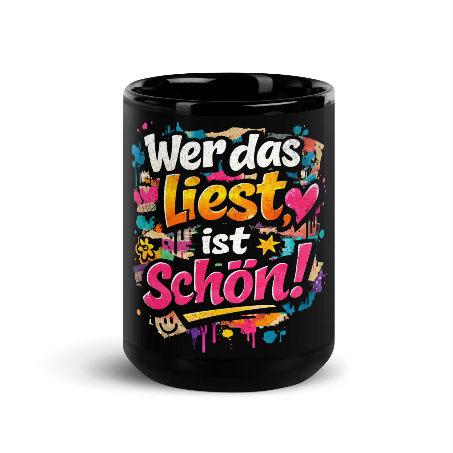 Schwarze Tasse mit buntem Wer das liest ist schön Print im Streetart Style