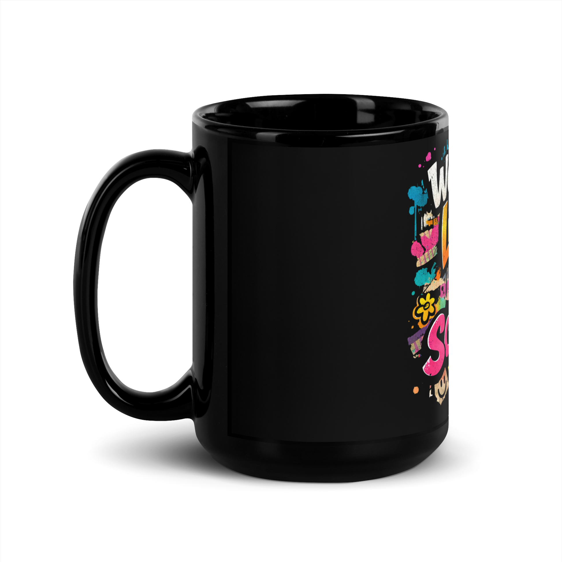 Schwarze Tasse mit buntem Wer das liest ist schön Print im Streetart Style, Seitenansicht Links