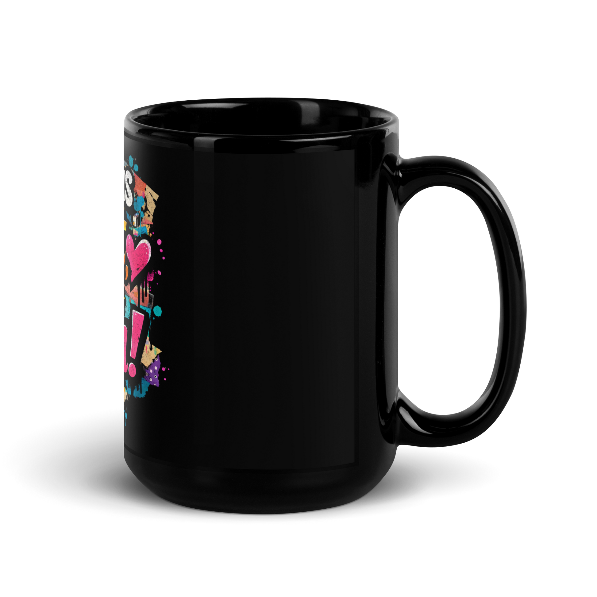 Schwarze Tasse mit buntem Wer das liest ist schön Print im Streetart Style, Seitenansicht rechts