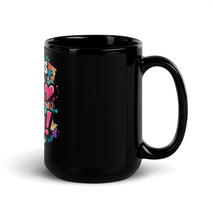 Schwarze Tasse mit buntem Wer das liest ist schön Print im Streetart Style, Seitenansicht rechts