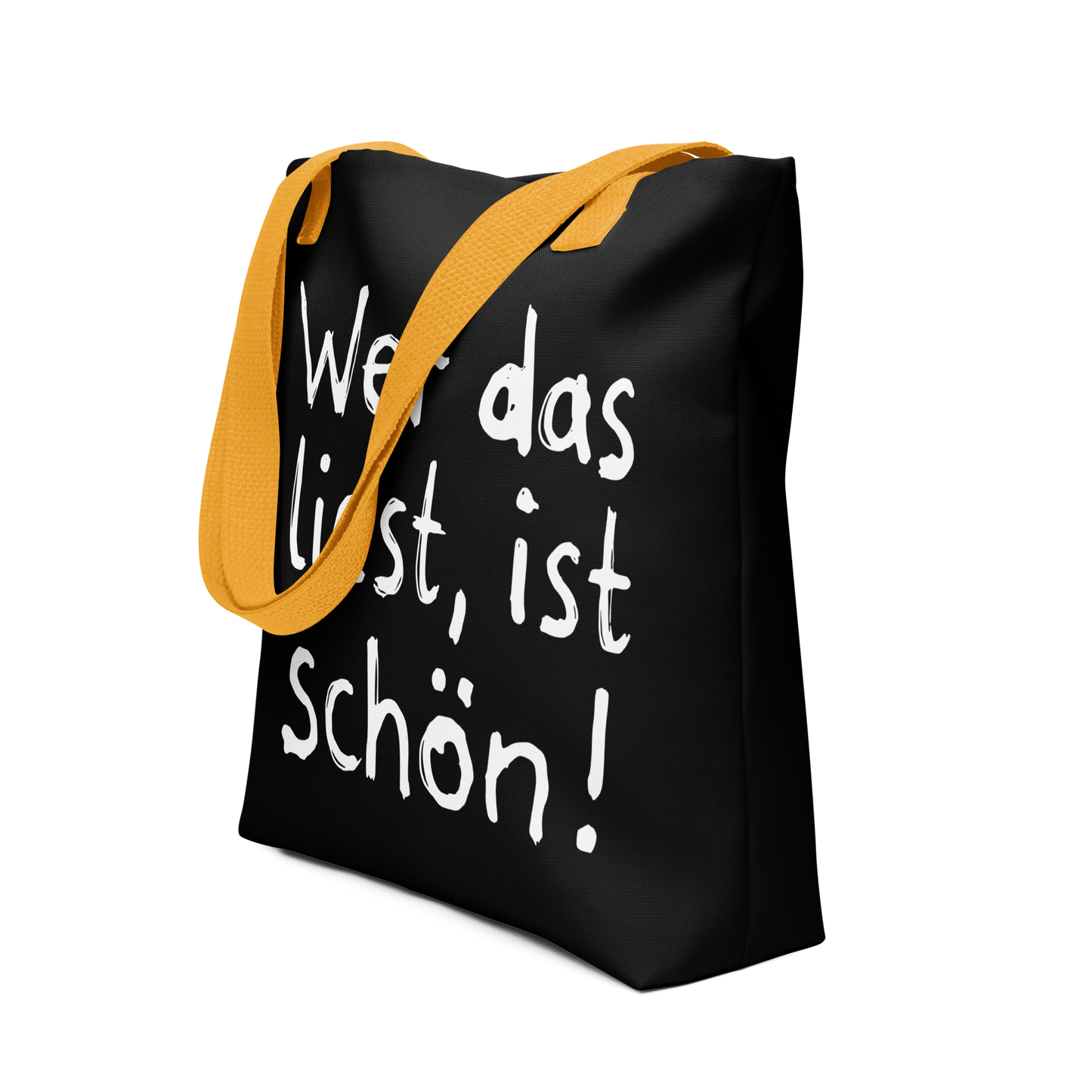 Schwarzer All-Over Stoffbeutel mit kindlichem Wer das liest, ist schön! Print und orangen Henkeln, Seitenansicht