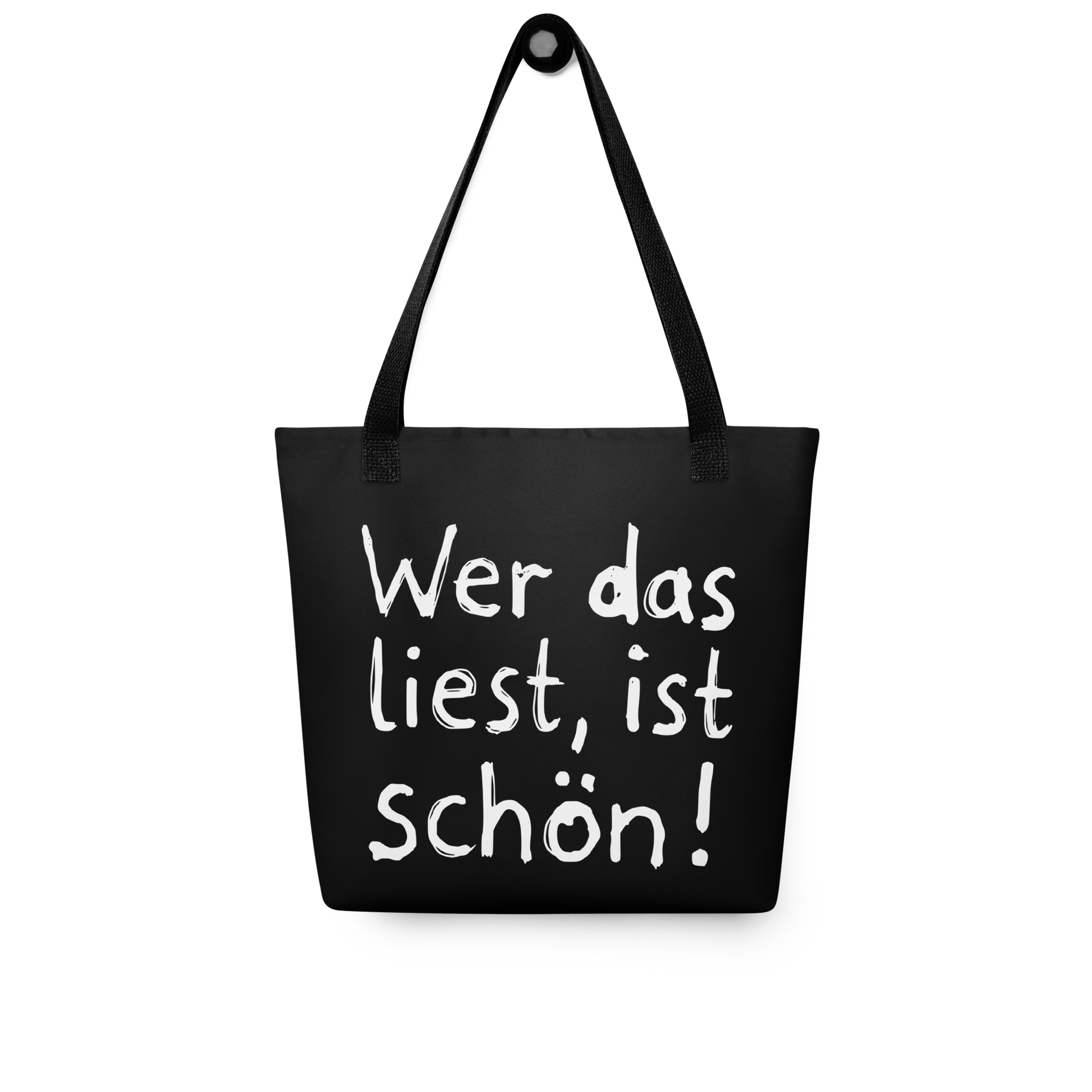 Schwarzer All-Over Stoffbeutel mit kindlichem Wer das liest, ist schön! Print und schwarzen Henkeln