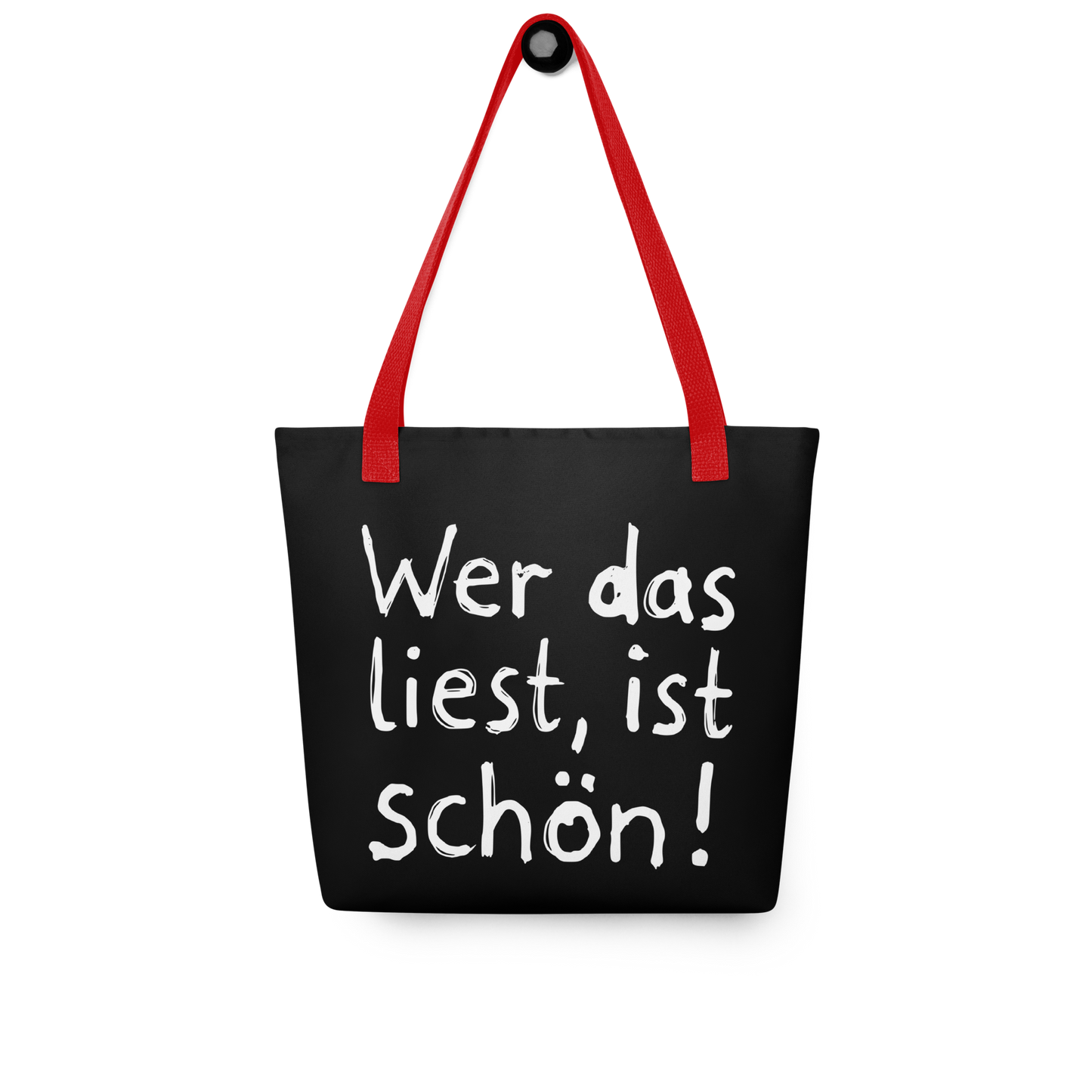 Schwarzer All-Over Stoffbeutel mit kindlichem Wer das liest, ist schön! Print und roten Henkeln