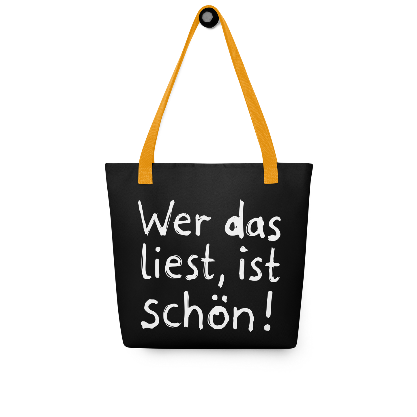 Schwarzer All-Over Stoffbeutel mit kindlichem Wer das liest, ist schön! Print und orangen Henkeln