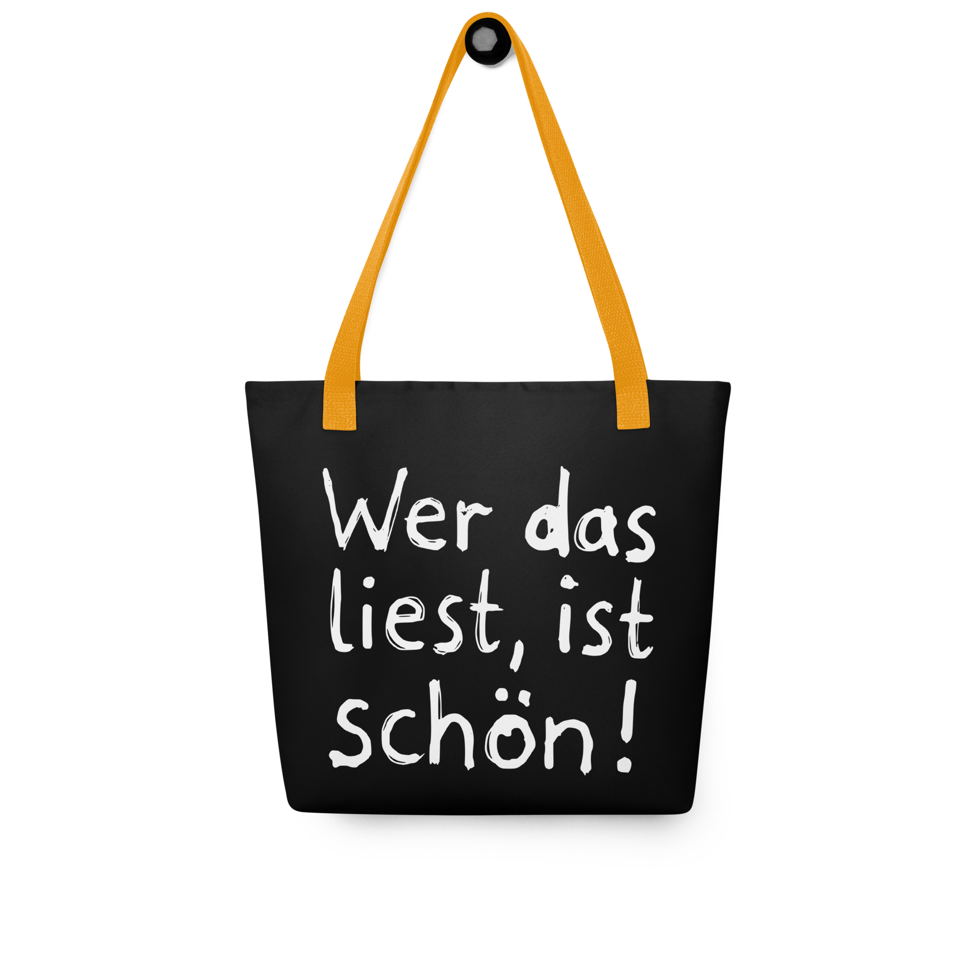 Schwarzer All-Over Stoffbeutel mit kindlichem Wer das liest, ist schön! Print und orangen Henkeln