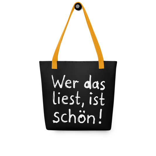 Schwarzer All-Over Stoffbeutel mit kindlichem Wer das liest, ist schön! Print und orangen Henkeln