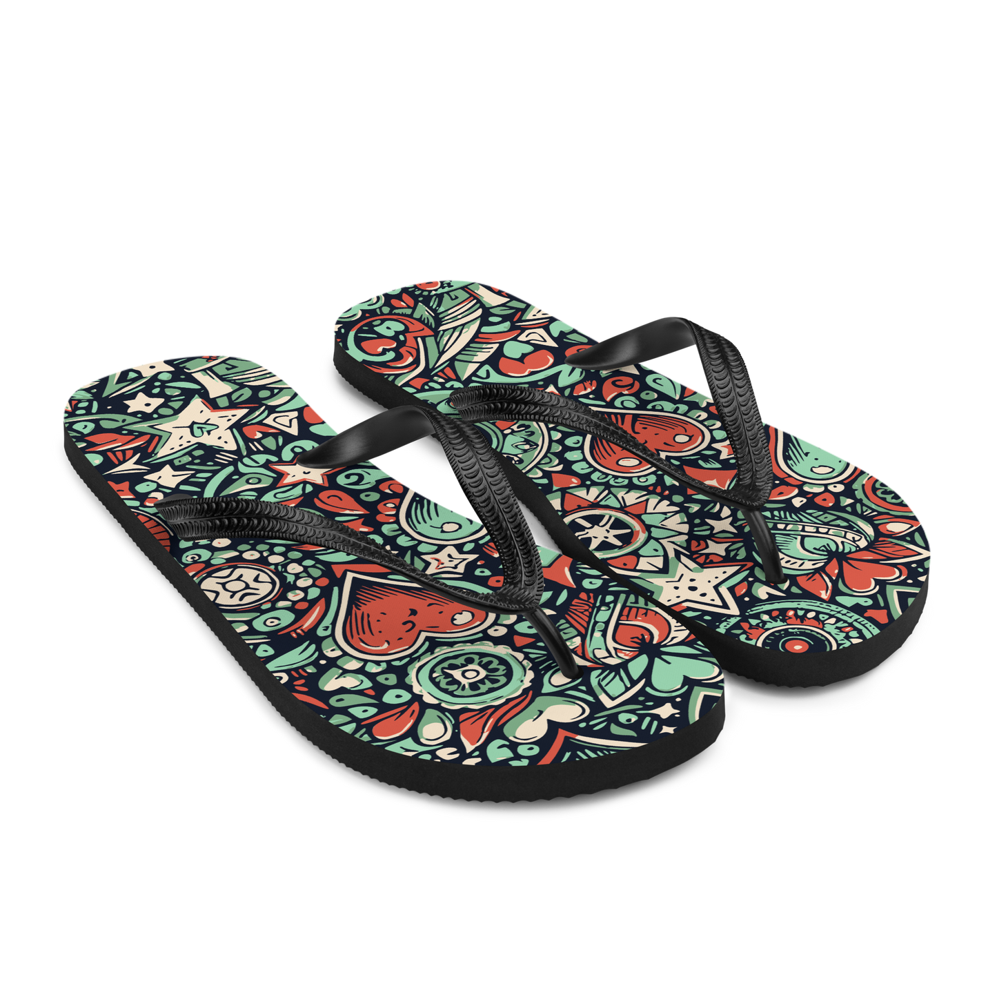 Flip-Flops mit grün rotem Muster aus Herzen und Sternen, Seitenansicht