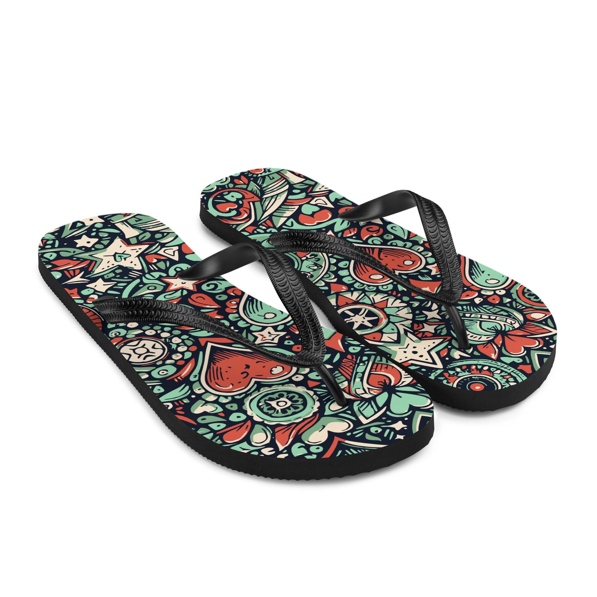 Flip-Flops mit grün rotem Muster aus Herzen und Sternen, Seitenansicht