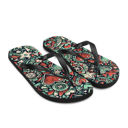 Flip-Flops mit grün rotem Muster aus Herzen und Sternen, Seitenansicht