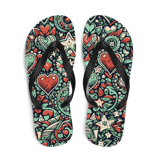 Flip-Flops mit grün rotem Muster aus Herzen und Sternen