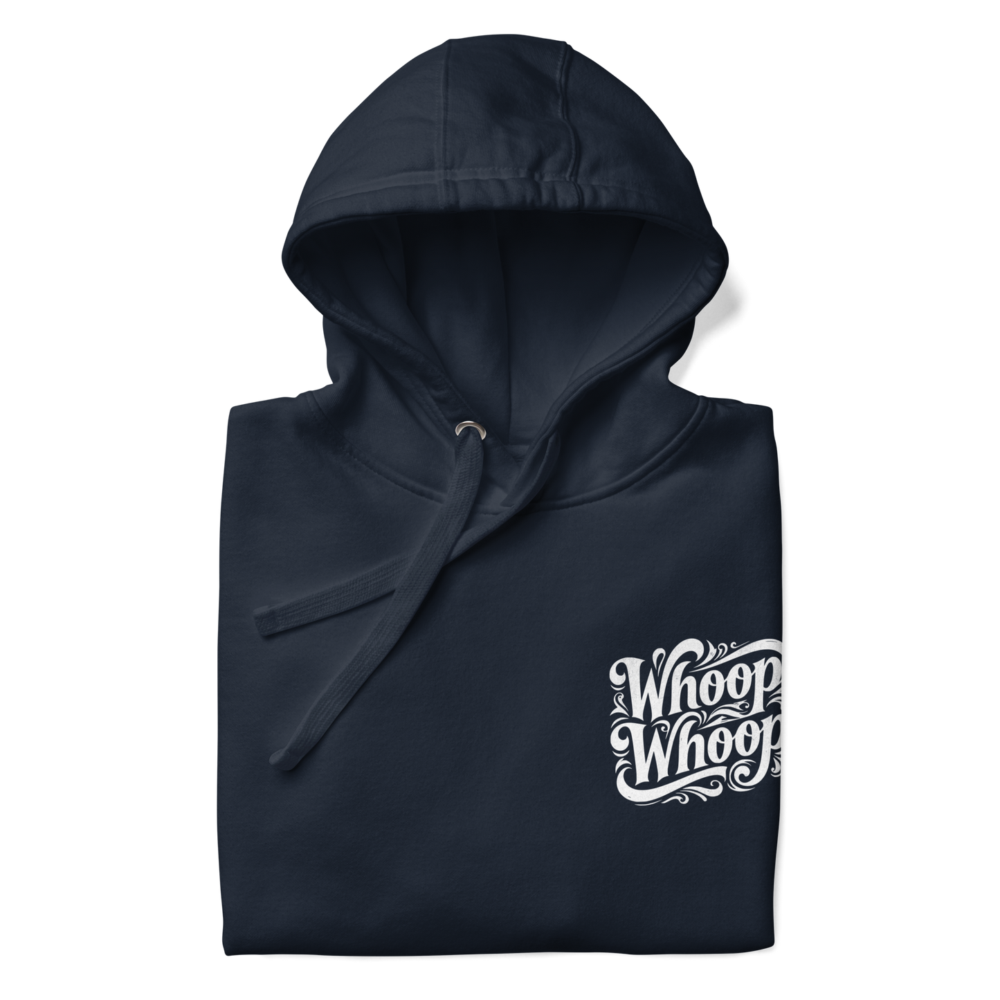 Navy Unisex Hoodie mit verschlungenem Whoop Whoop Schriftzug, Nahaufnahme