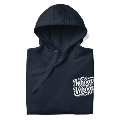 Navy Unisex Hoodie mit verschlungenem Whoop Whoop Schriftzug, Nahaufnahme