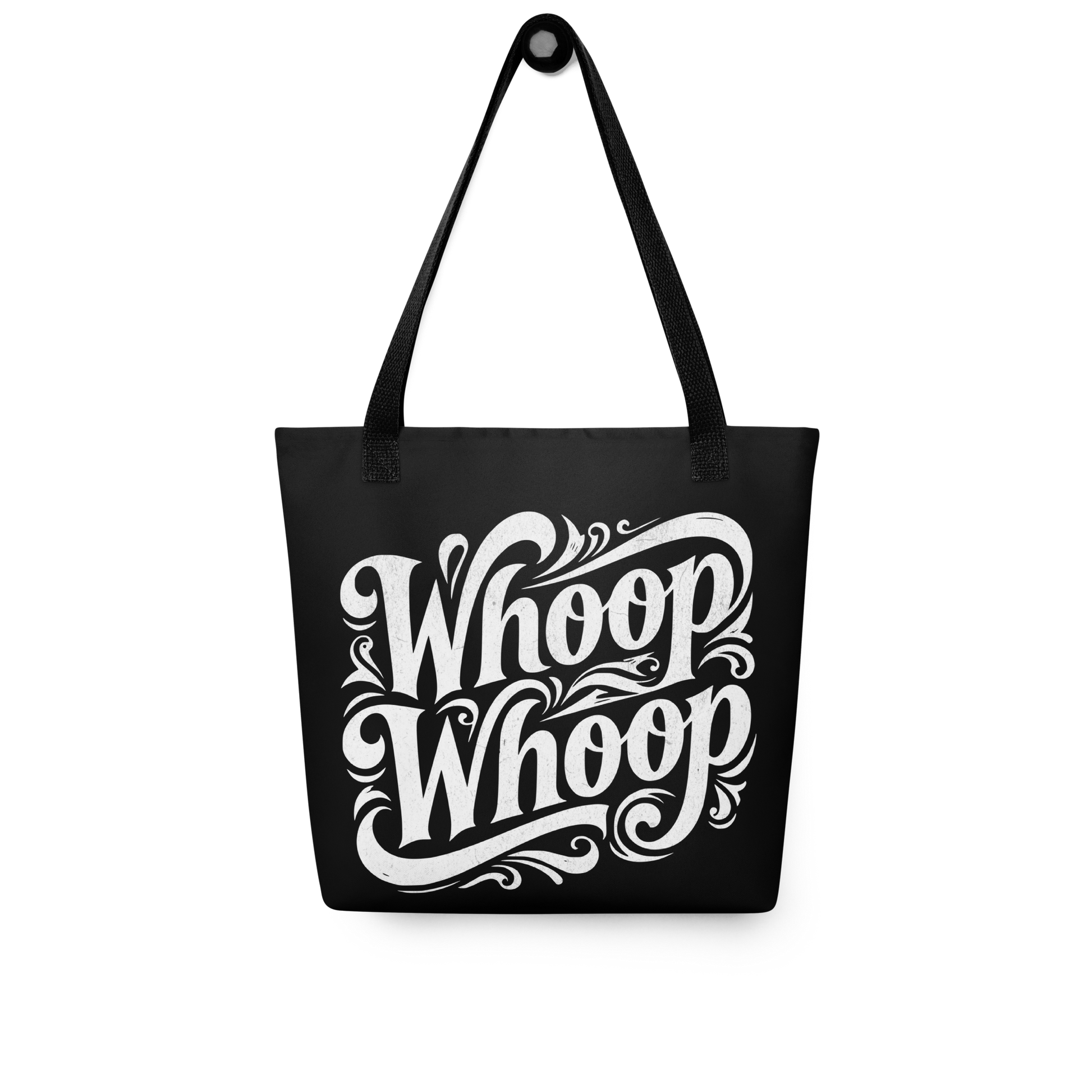 Schwarzer Stoffbeutel mit weißem Whoop Whoop Print und schwarzen Hänkeln