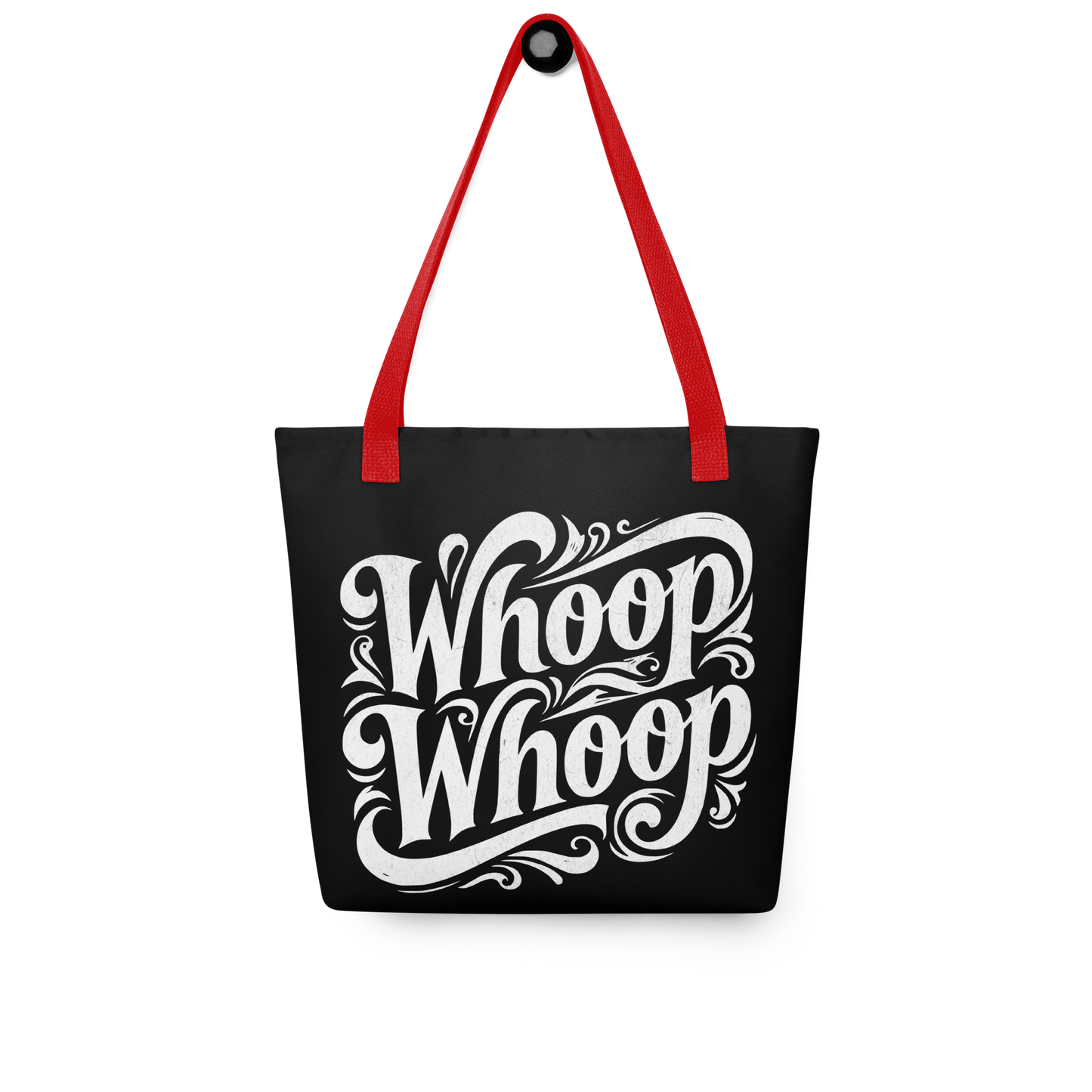 Schwarzer Stoffbeutel mit weißem Whoop Whoop Print und roten Hänkeln