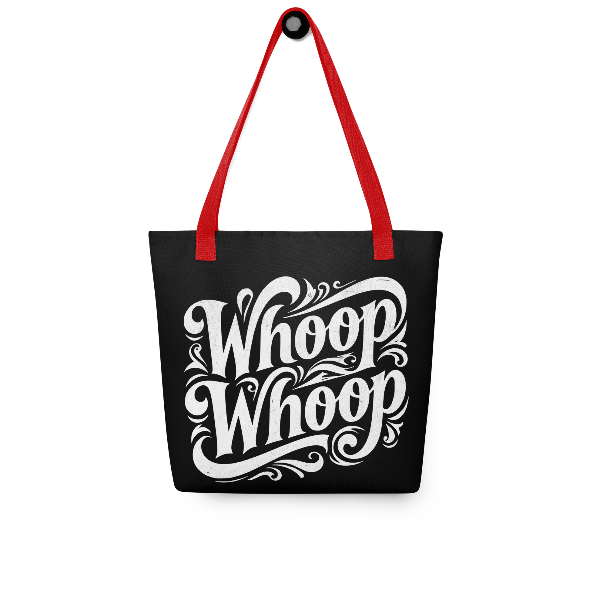 Schwarzer Stoffbeutel mit weißem Whoop Whoop Print und roten Hänkeln