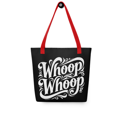 Schwarzer Stoffbeutel mit weißem Whoop Whoop Print und roten Hänkeln